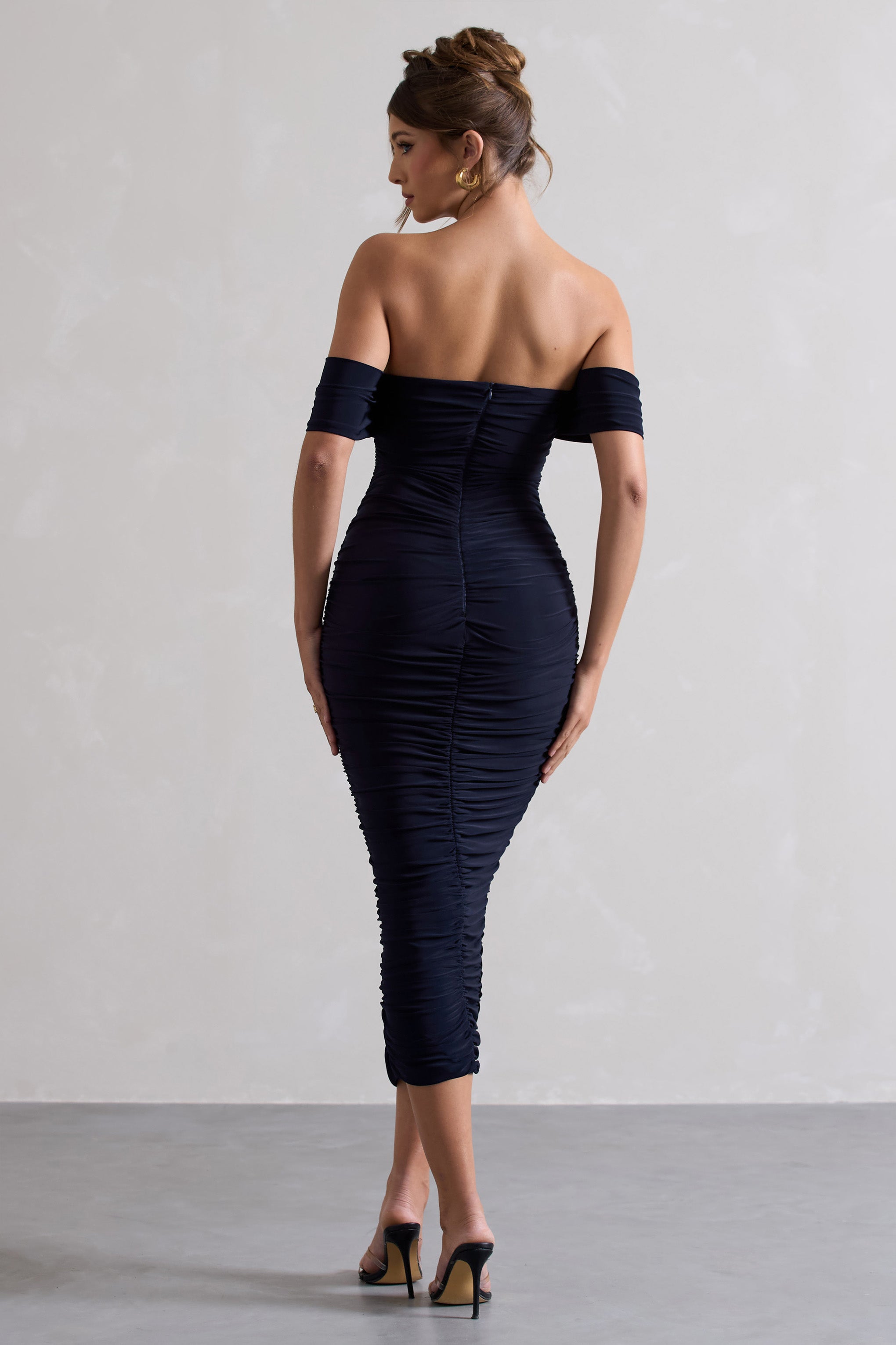 Lost For Words Navy Bardot Ruched Draped Midi Dress