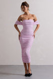 Lost For Words Pink Polka Dot Bardot Ruched Draped Midi Dress