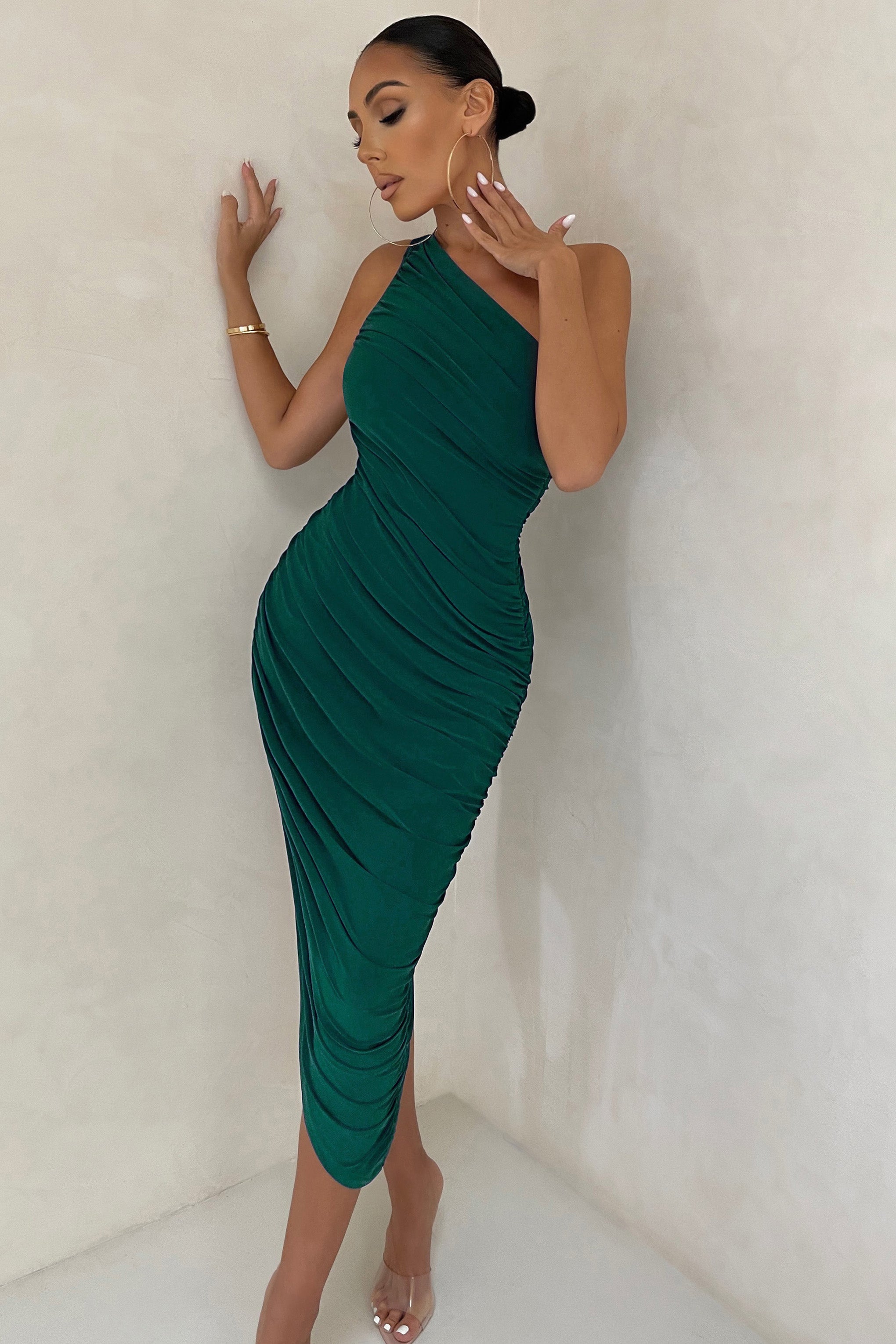 Late Night Bottle Green Asymmetric One Shoulder Ruched Midi Dress