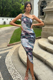 Late Night Multi Print Asymmetric One Shoulder Ruched Midi Dress