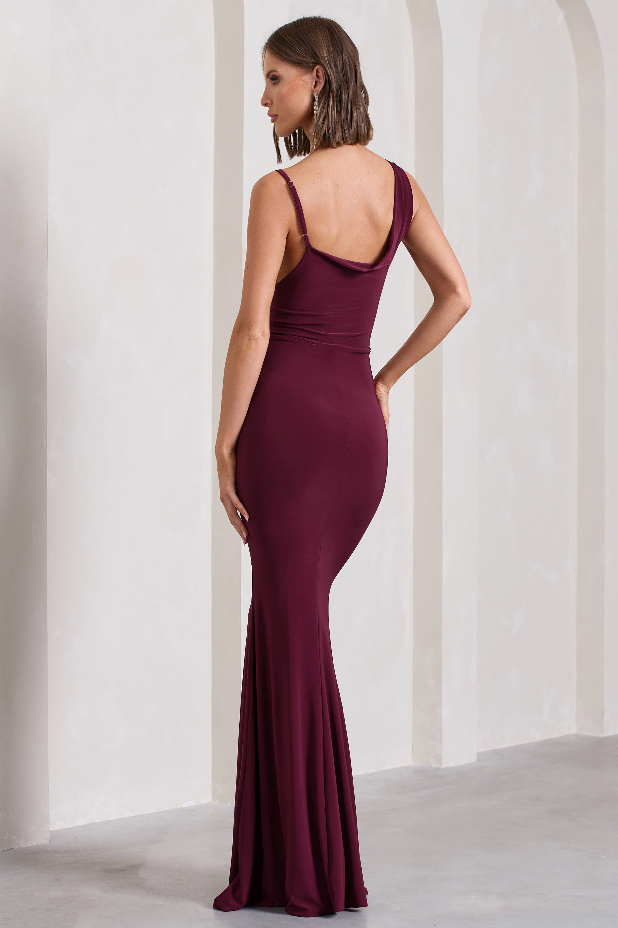 Phantasy Burgundy Asymmetric Neckline Cowl Maxi Dress