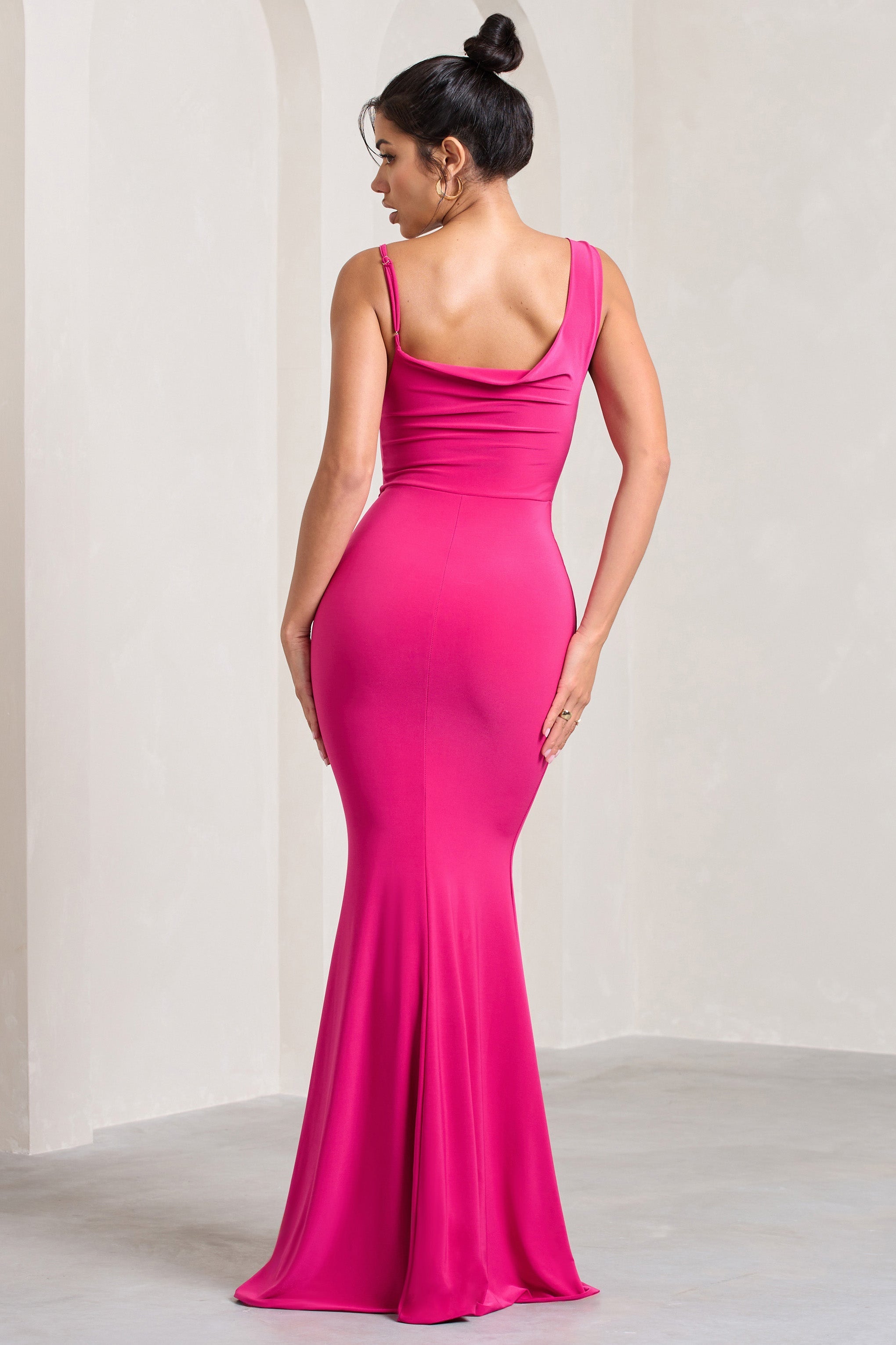 Phantasy Hot Pink Asymmetric Neckline Cowl Maxi Dress