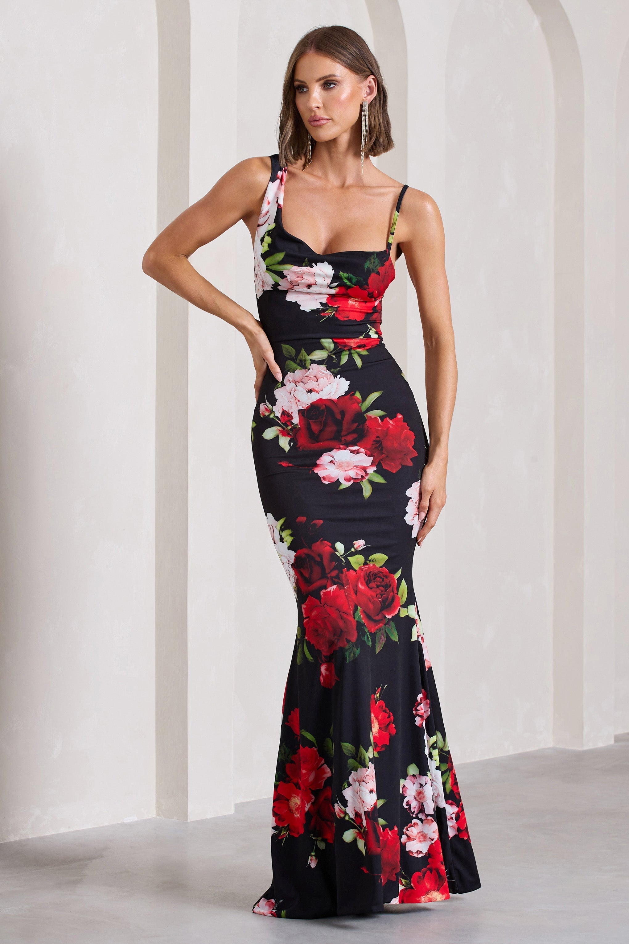 Phantasy Black Floral Print Asymmetric Neckline Cowl Maxi Dress