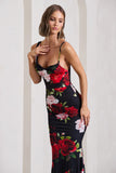 Phantasy Black Floral Print Asymmetric Neckline Cowl Maxi Dress