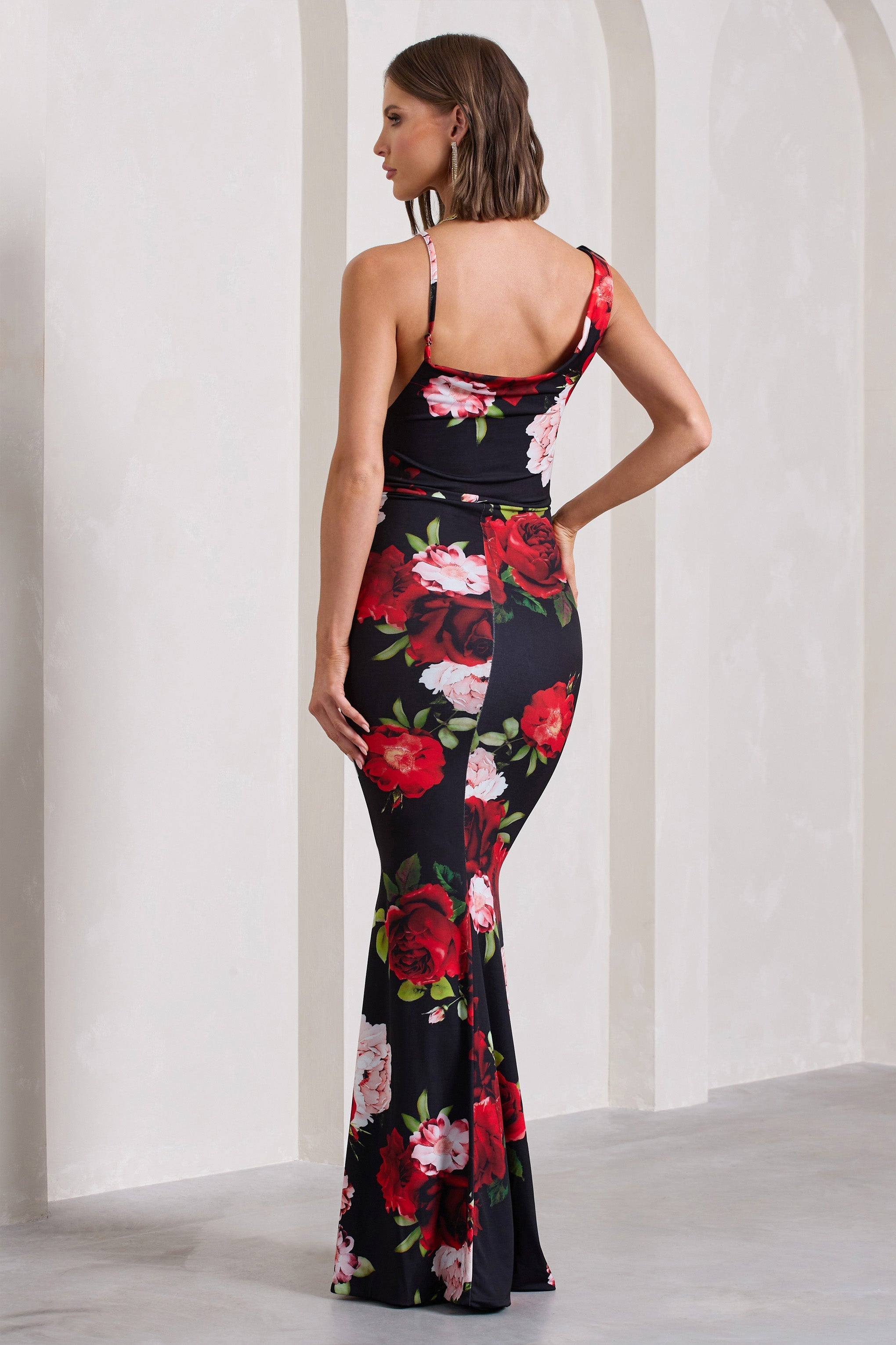 Phantasy Black Floral Print Asymmetric Neckline Cowl Maxi Dress