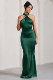 Unstoppable Bottle Green Satin Cross Over Halterneck Maxi Dress