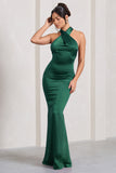 Unstoppable Bottle Green Satin Cross Over Halterneck Maxi Dress