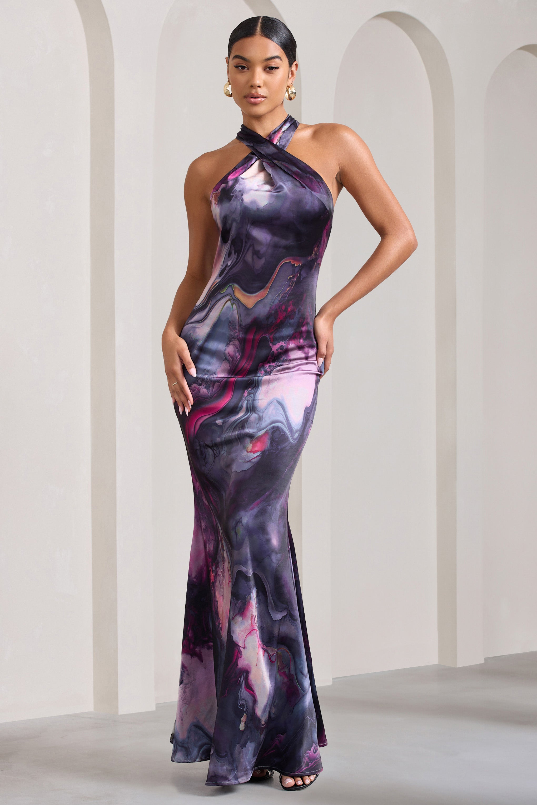 Unstoppable Marble Print Satin Cross Over Halterneck Maxi Dress