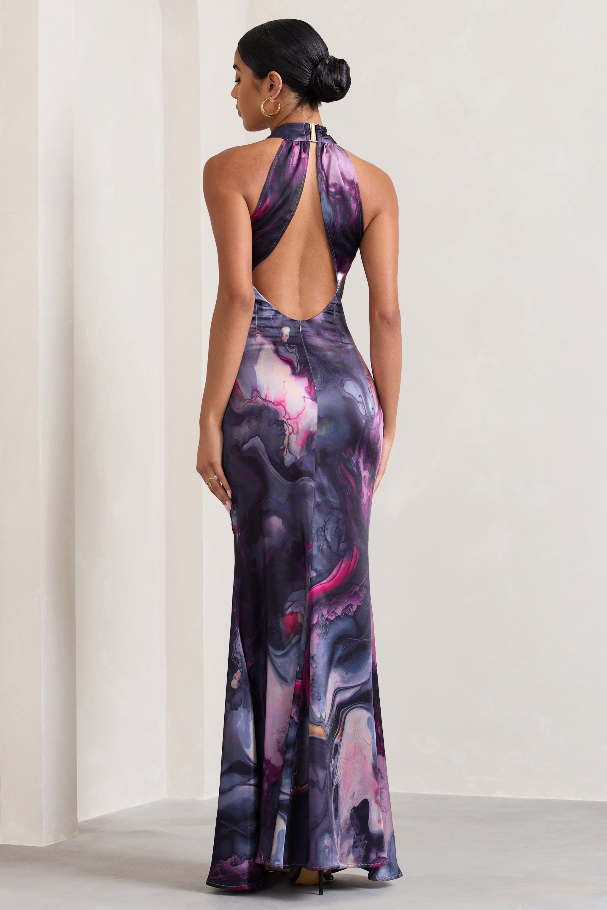 Unstoppable Marble Print Satin Cross Over Halterneck Maxi Dress