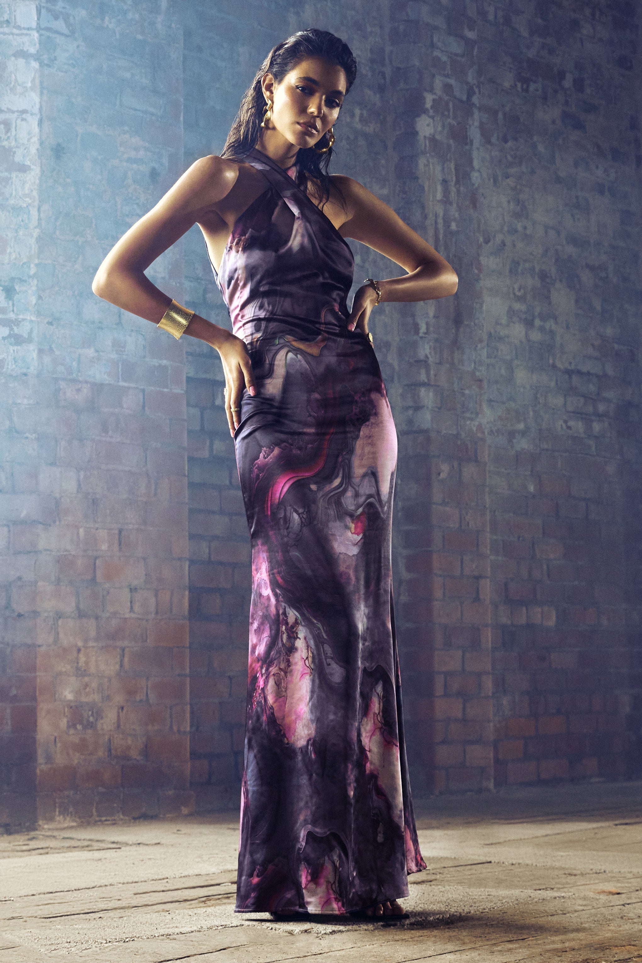 Unstoppable Marble Print Satin Cross Over Halterneck Maxi Dress