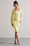 Seductress Yellow Long Sleeve Square Neck Ruched Midi Dress