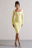 Seductress Yellow Long Sleeve Square Neck Ruched Midi Dress