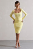 Seductress Yellow Long Sleeve Square Neck Ruched Midi Dress