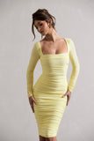 Seductress Yellow Long Sleeve Square Neck Ruched Midi Dress