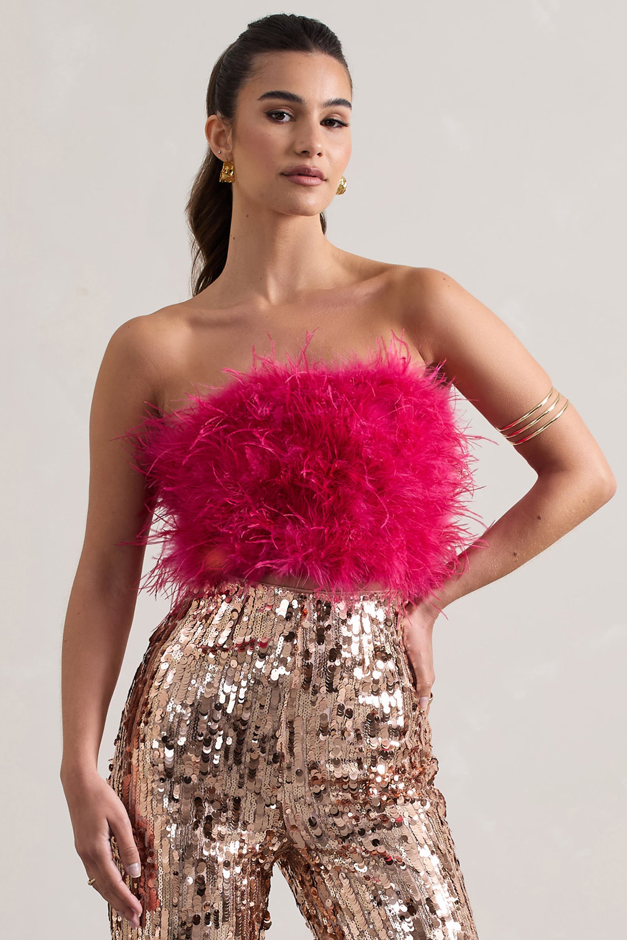 Dream Daze Dark Pink Strapless Feather Crop Top