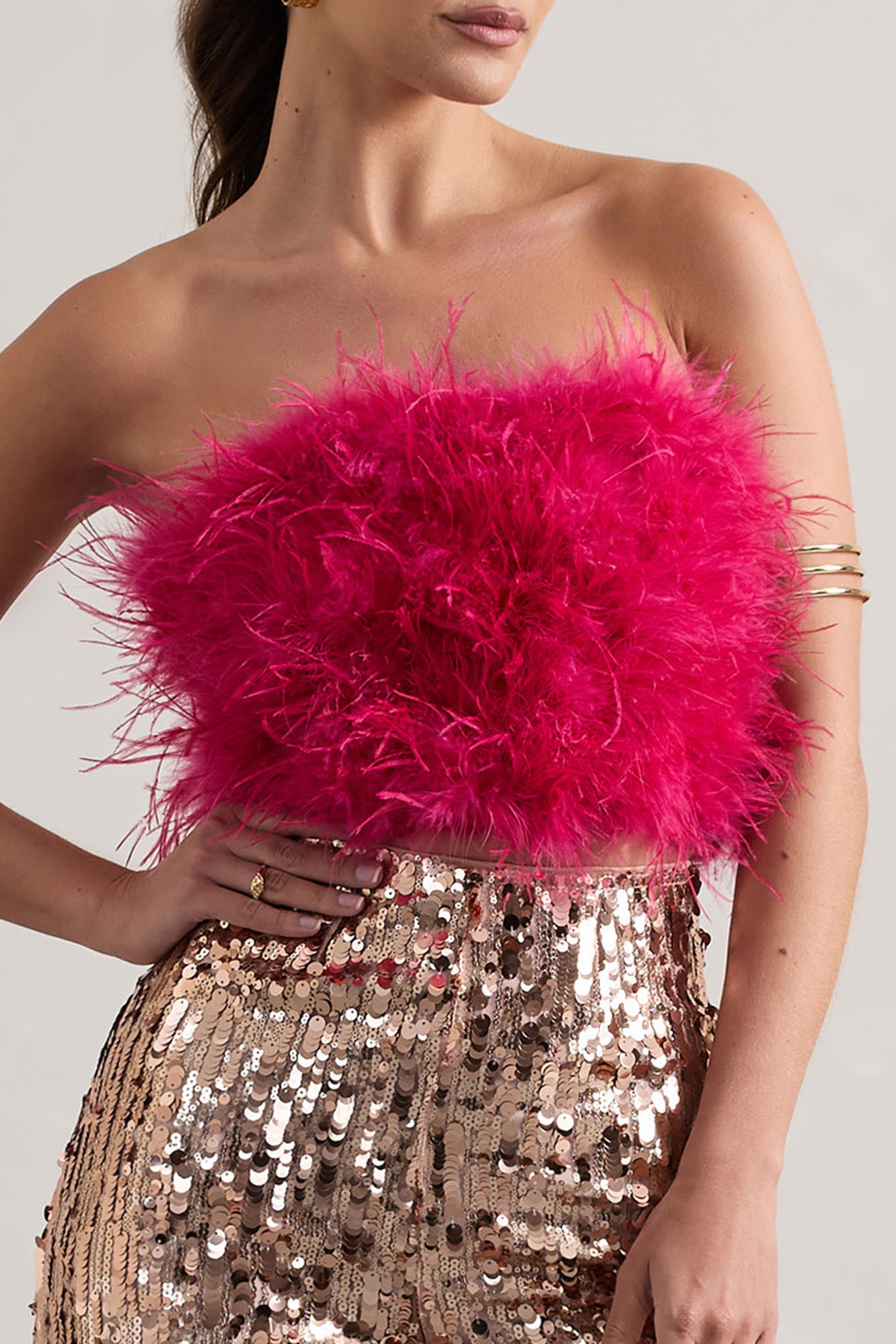 Dream Daze Dark Pink Strapless Feather Crop Top
