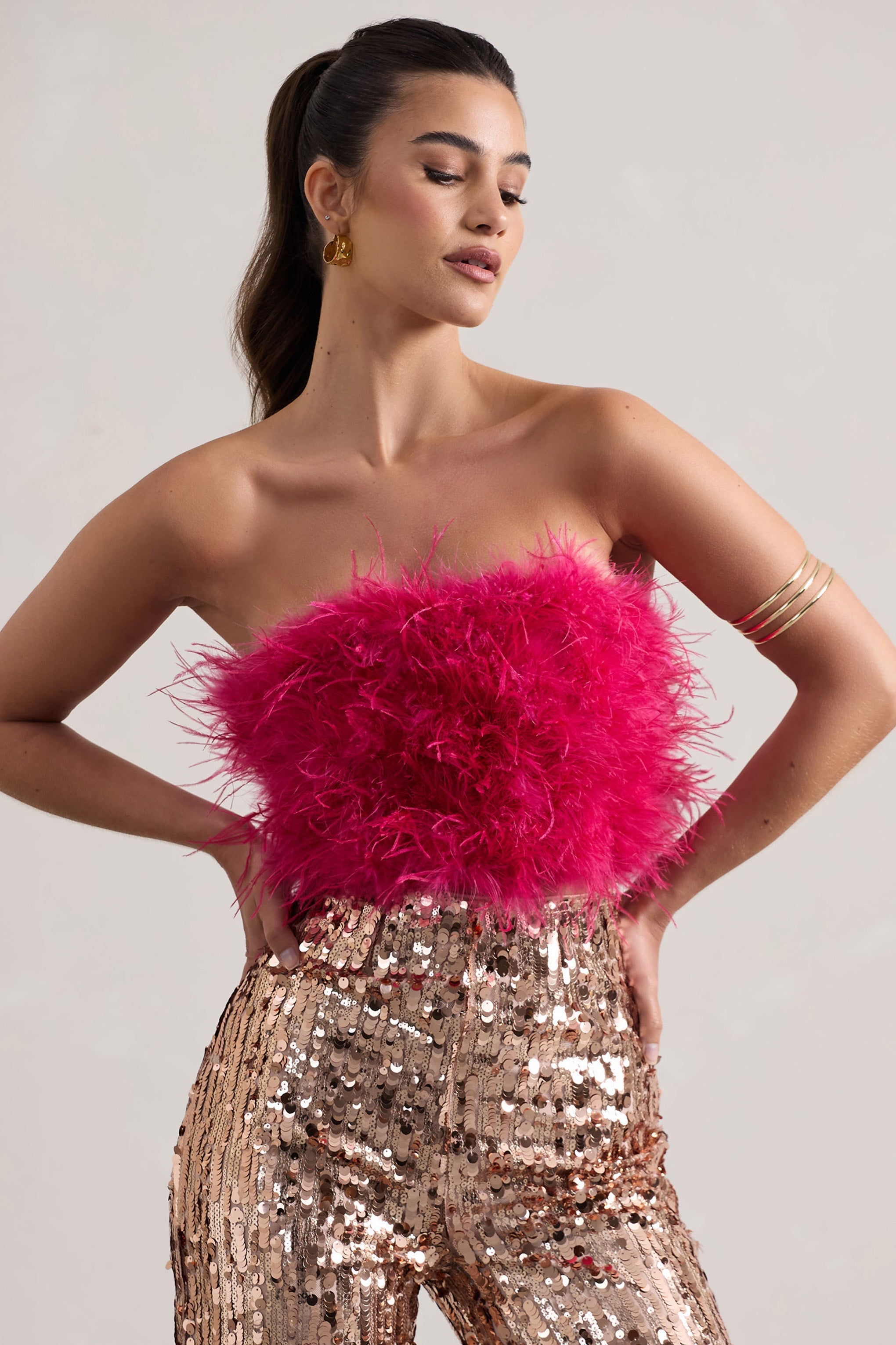 Dream Daze Dark Pink Strapless Feather Crop Top