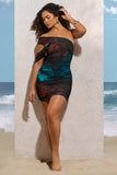 Doha Blue Print Asymmetric Neck Off The Shoulder Ruched Mini Dress