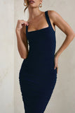 Lisbon Navy Square Neck Ruched Midi Dress