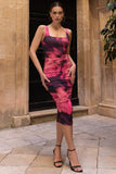 Lisbon Pink Printed Square Neck Ruched Midi Dress