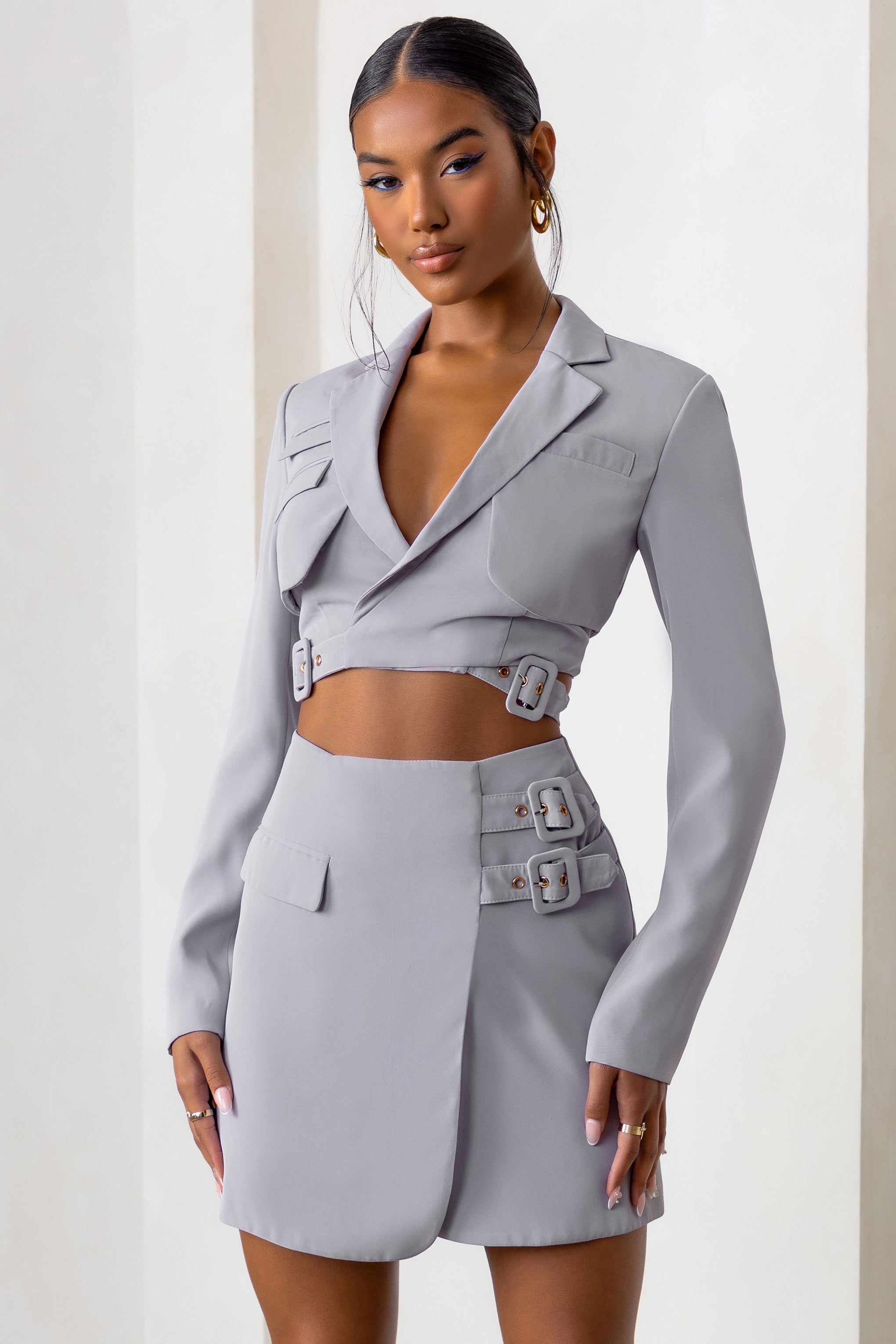 Jet Set Dove Grey Belt Strap Pocket Detail Mini Skirt