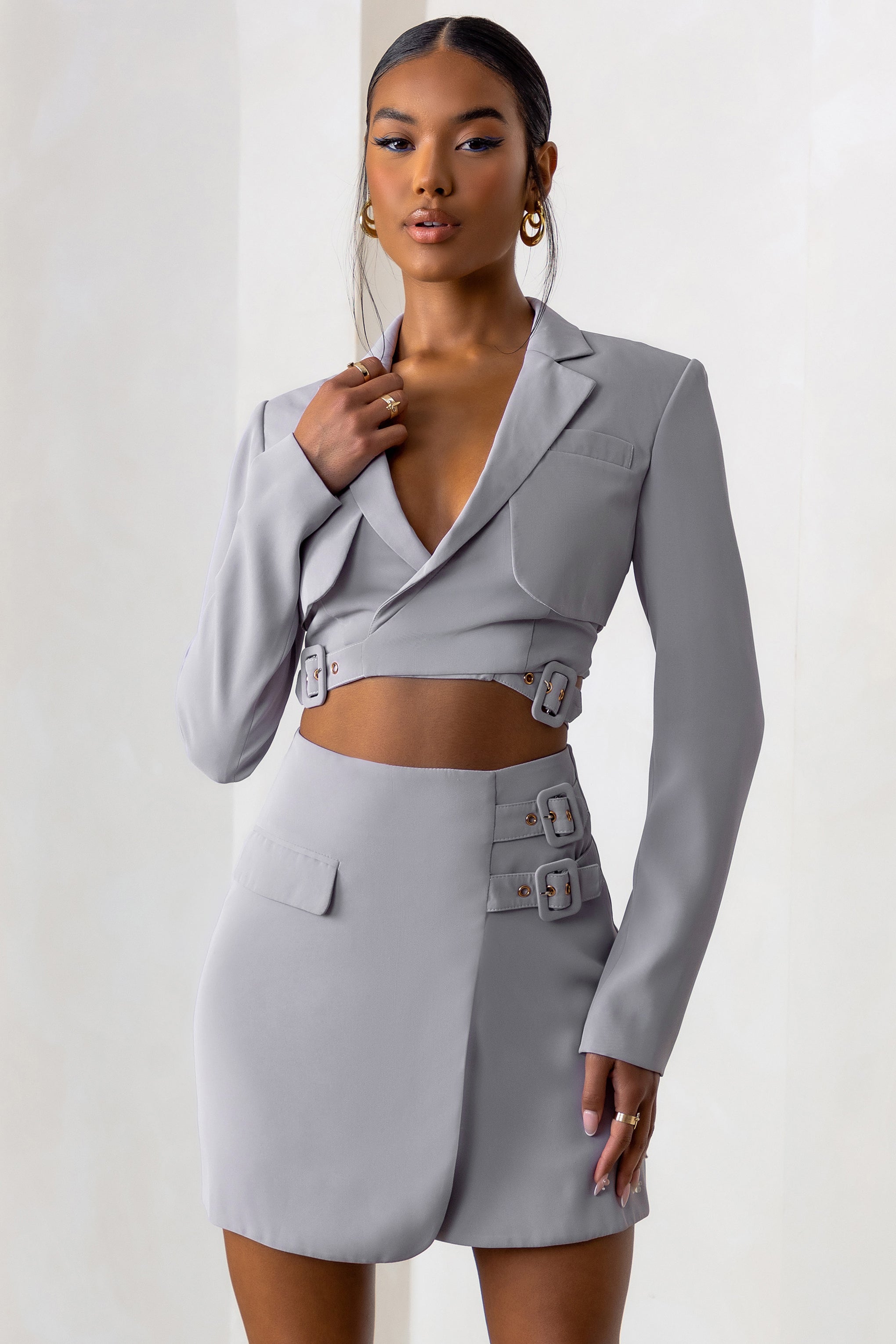 Jet Set Dove Grey Belt Strap Pocket Detail Mini Skirt