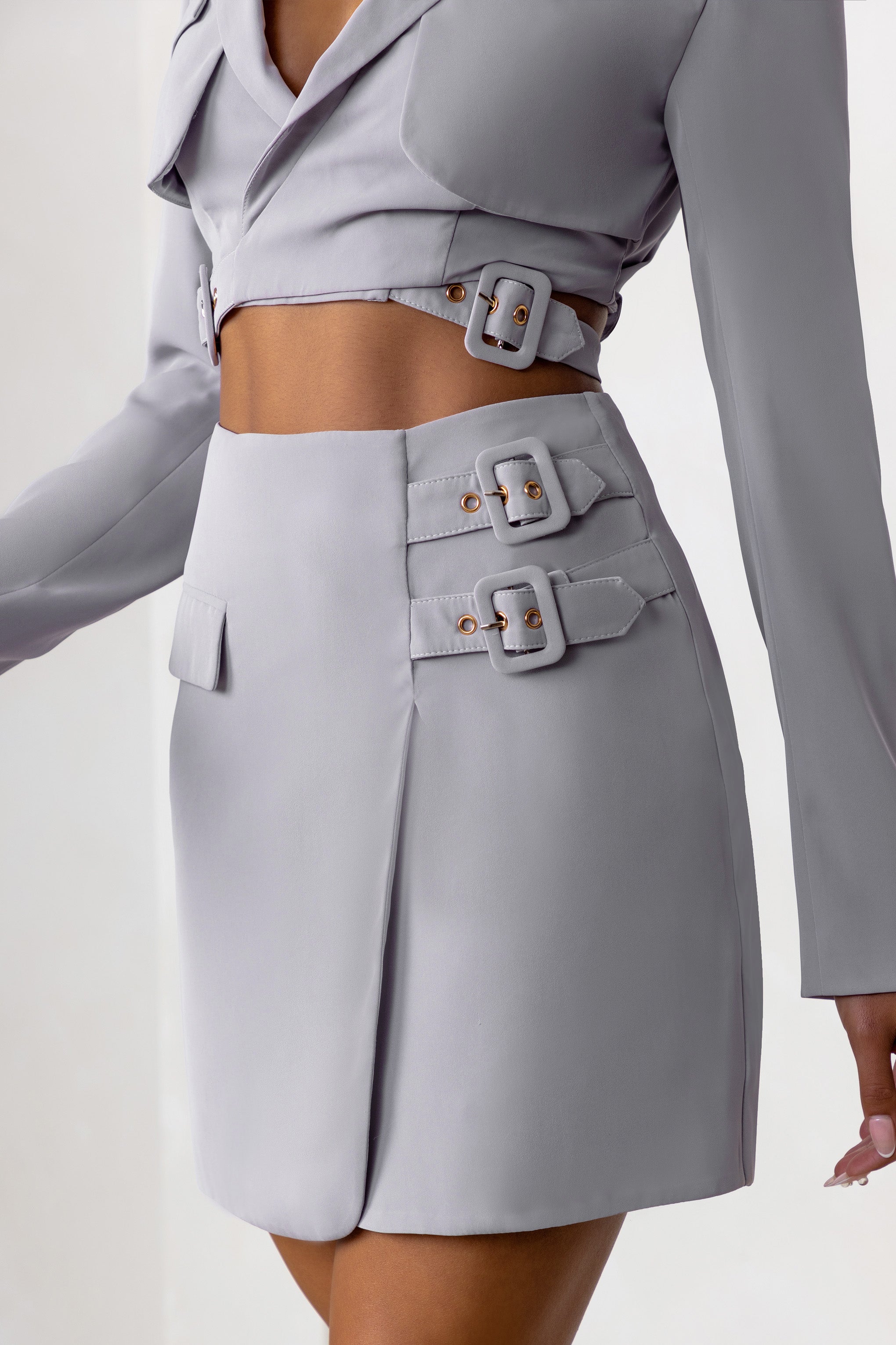 Jet Set Dove Grey Belt Strap Pocket Detail Mini Skirt