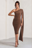 Yara Chocolate Brown One Shoulder Cape Ruched Midi Dress