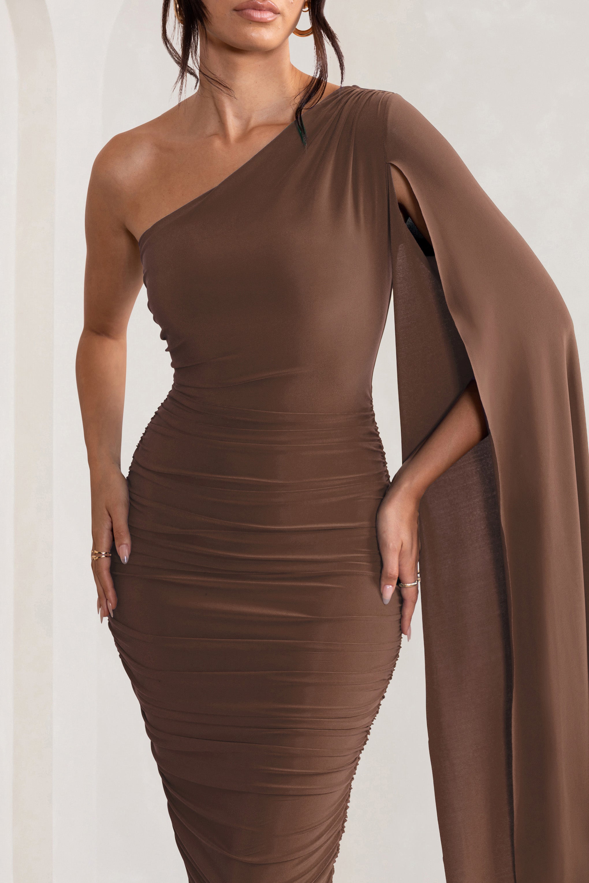 Yara Chocolate Brown One Shoulder Cape Ruched Midi Dress