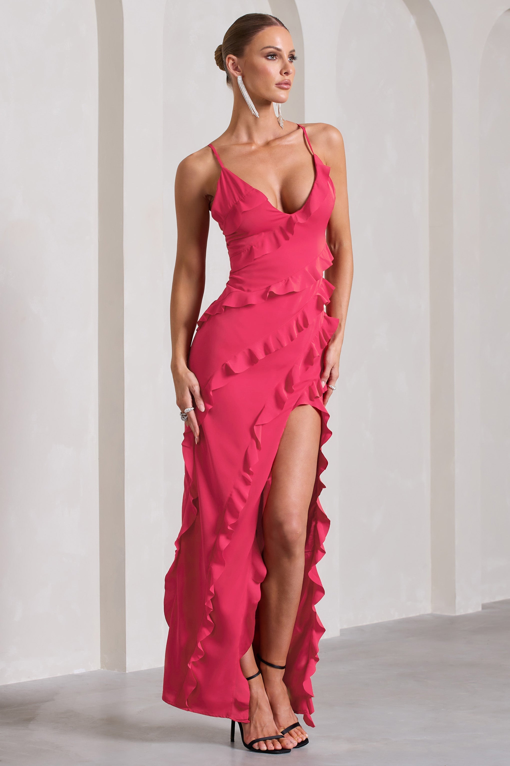 Run The World Hot Pink Sweetheart Neckline Ruffle Maxi Dress