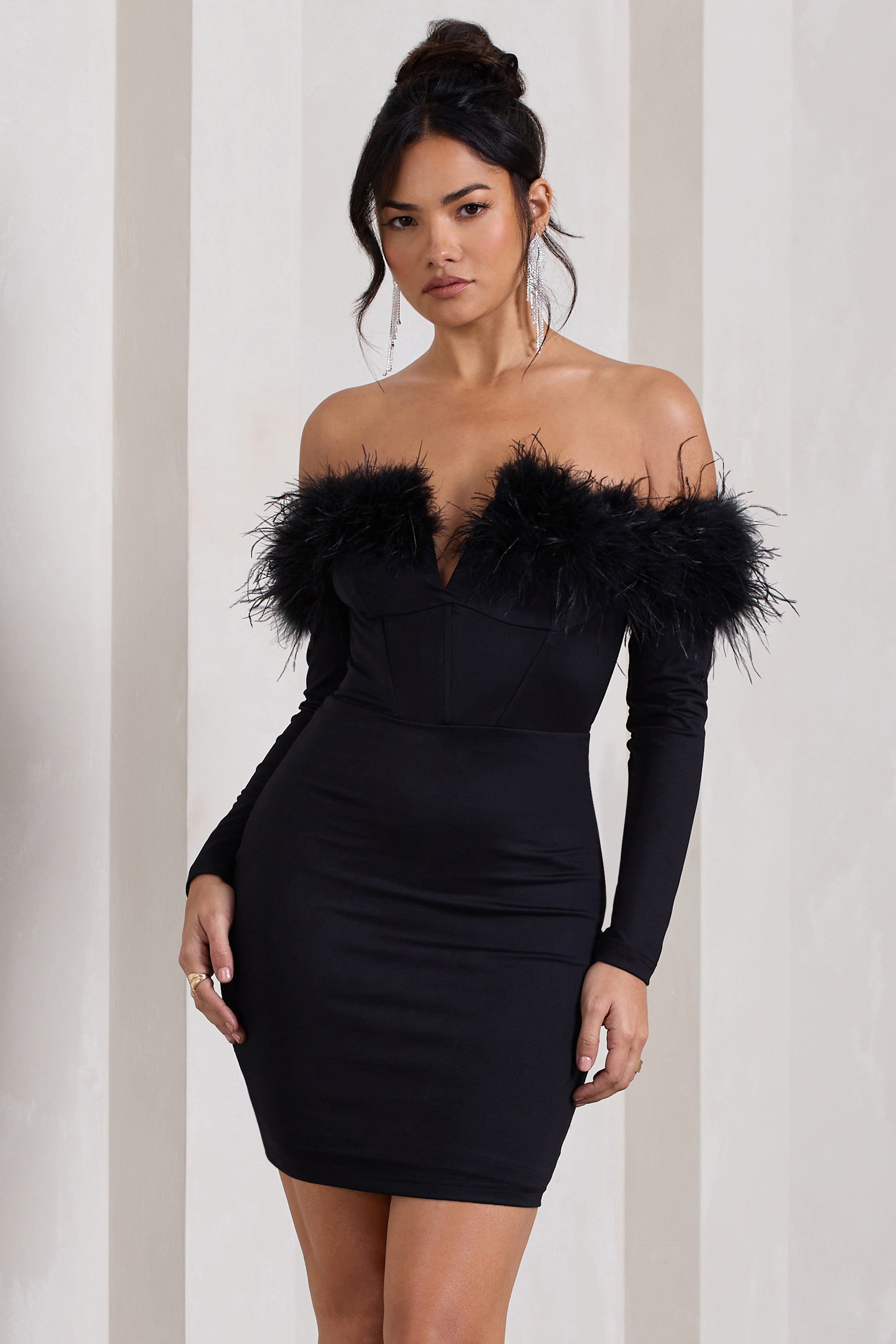 Celia Black Plunge Neck Bardot Mini Dress With Feather Trim Detail