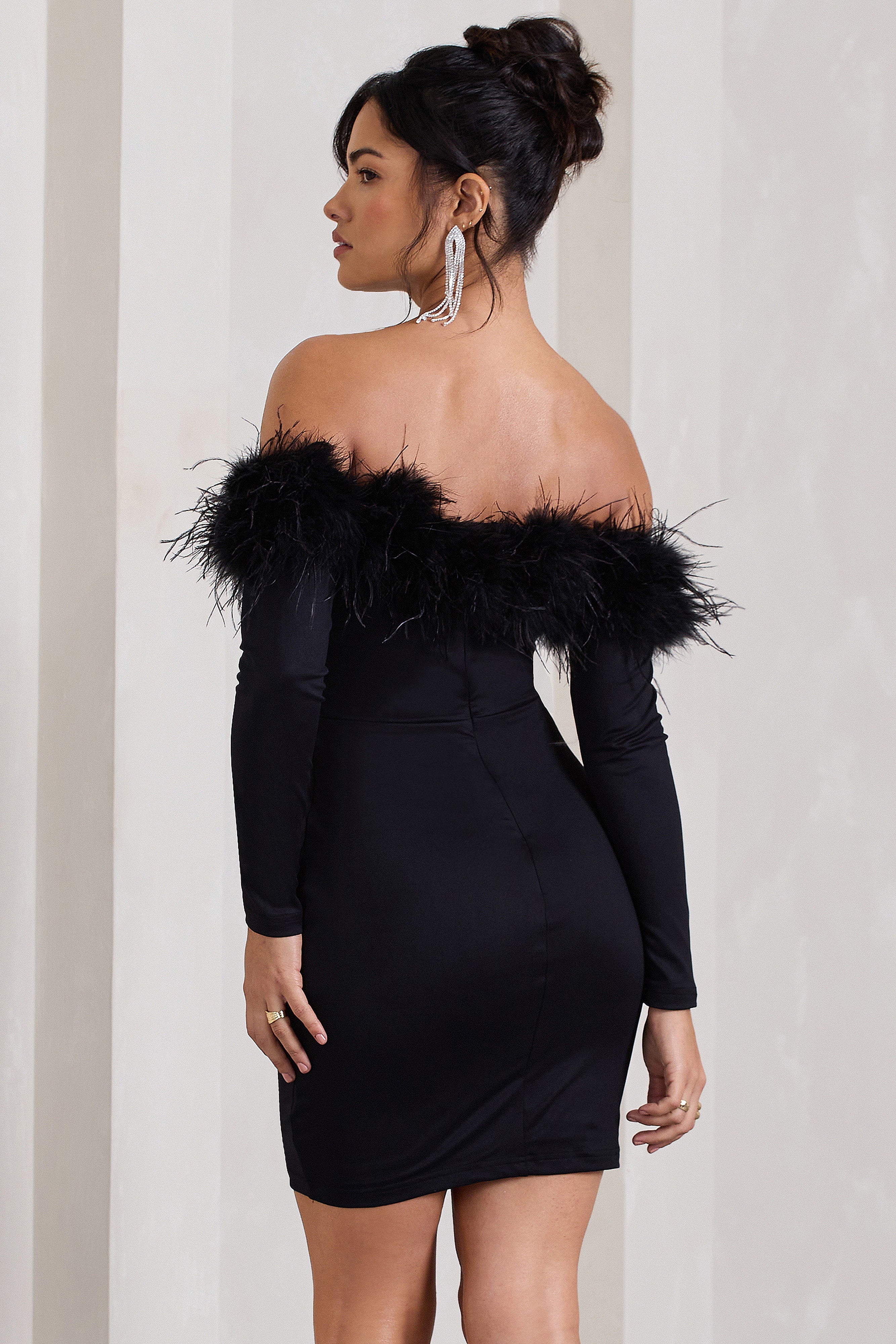 Celia Black Plunge Neck Bardot Mini Dress With Feather Trim Detail