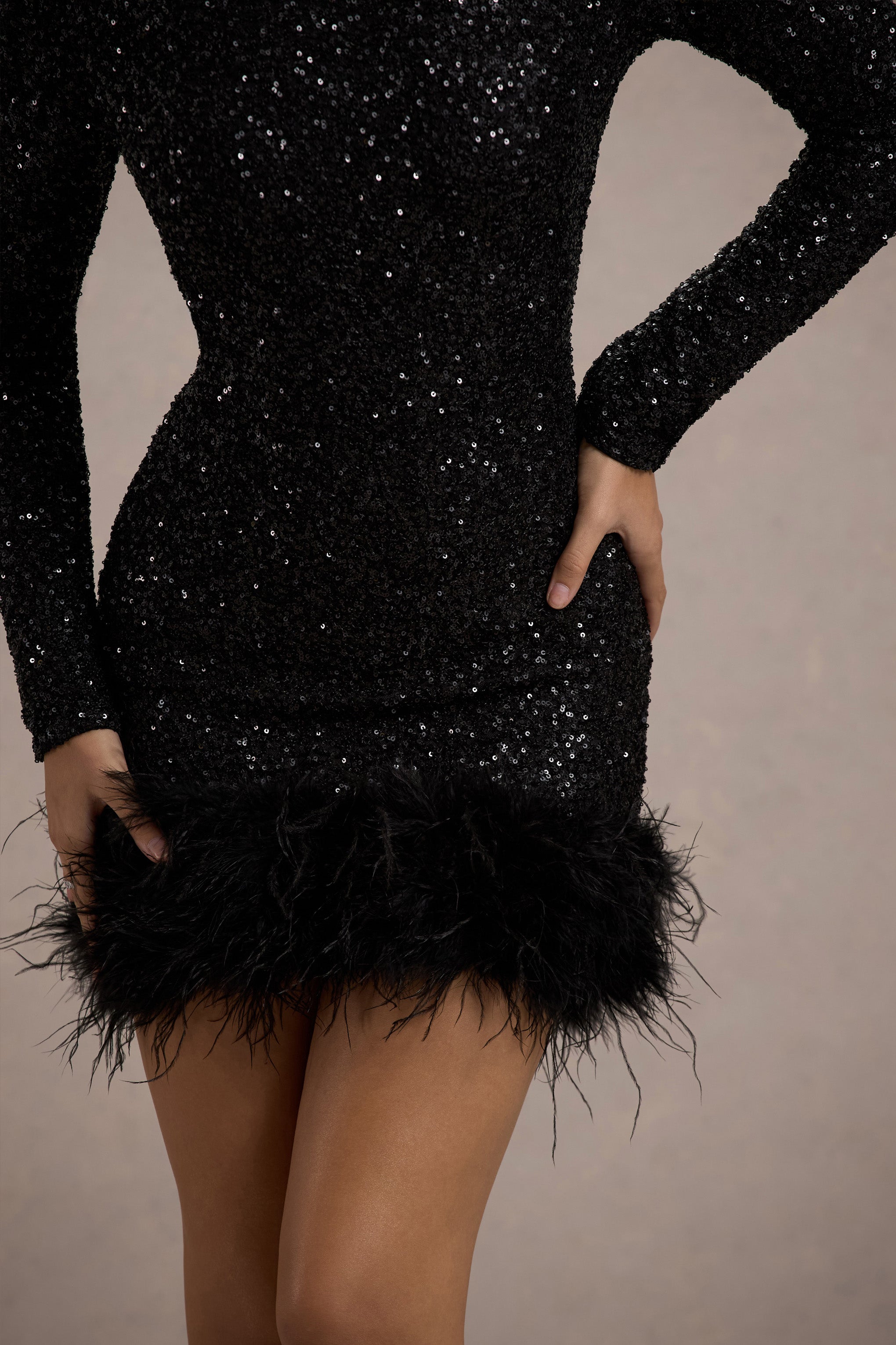 Claudia Black Sequin High Neck Feather Hem Mini Dress With Long Sleeves