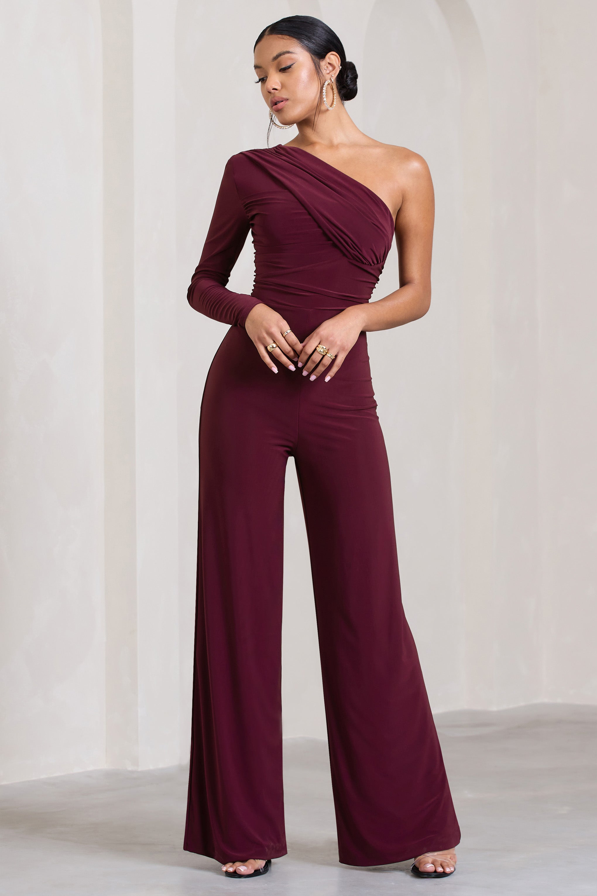 Mila Burgundy One Shoulder Ruched Wide Leg Jumpsuit