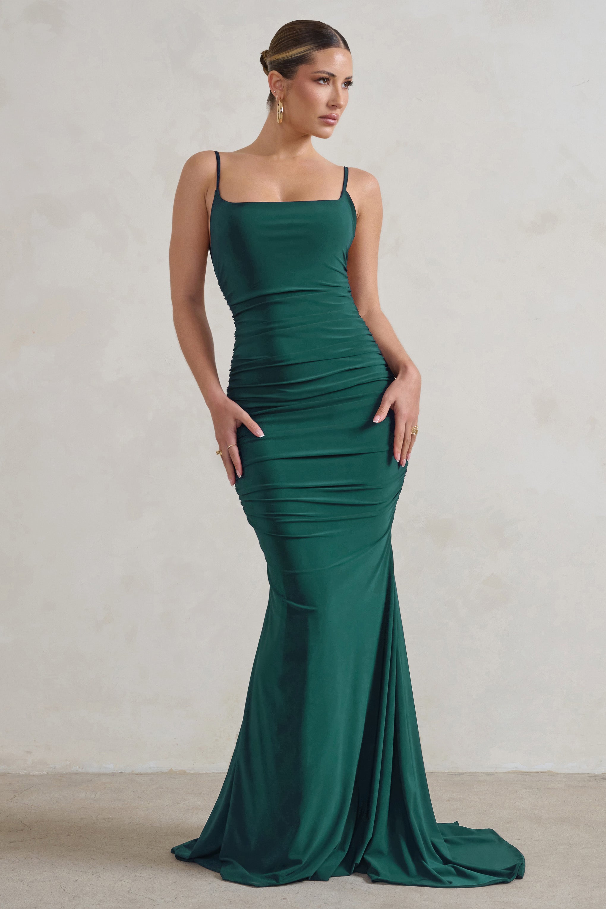 Adele Bottle Green Backless Ruched Fishtail Cami Maxi Dress
