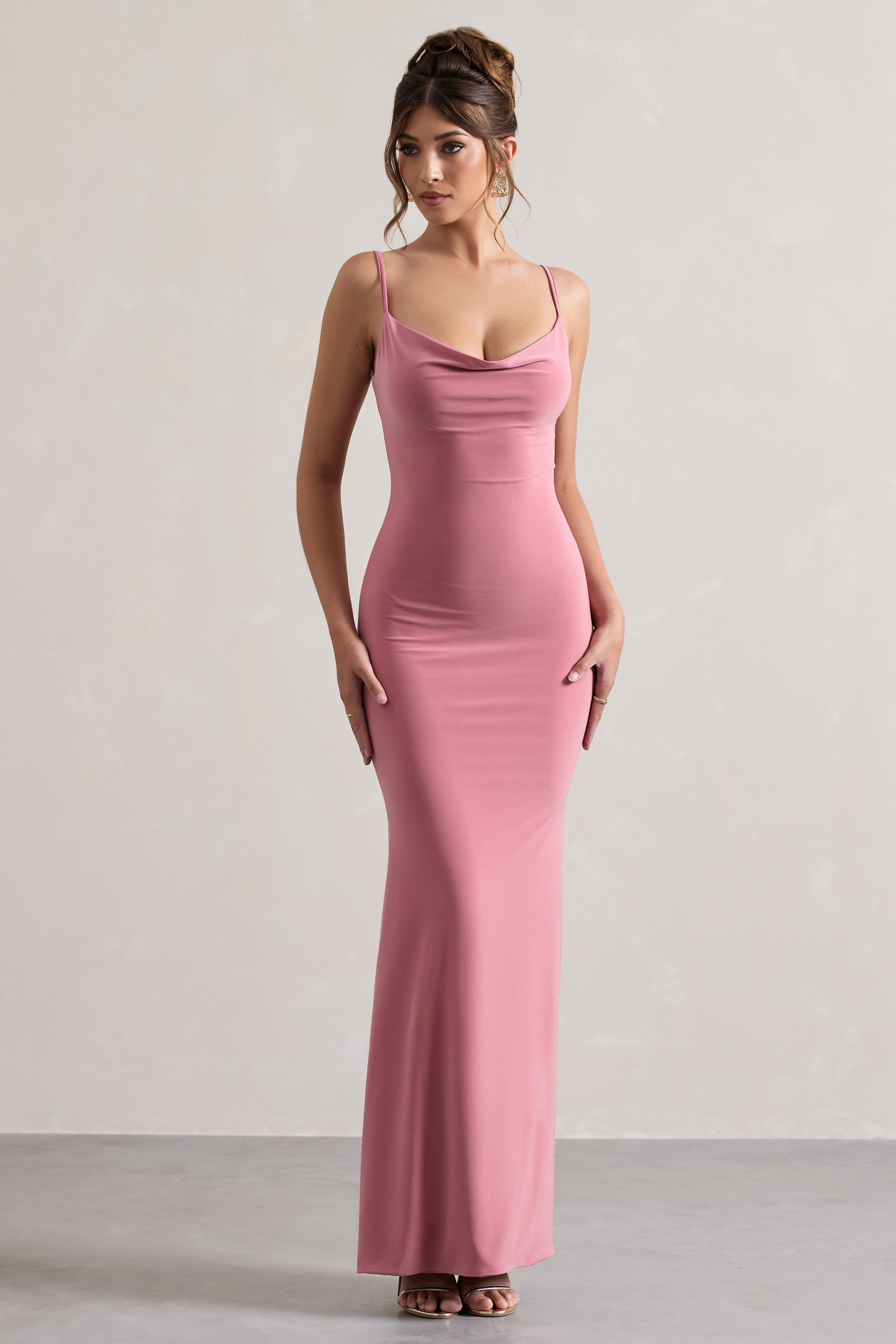 Francoise Blush Cowl Neck Backless Maxi Dress With Lace Insert