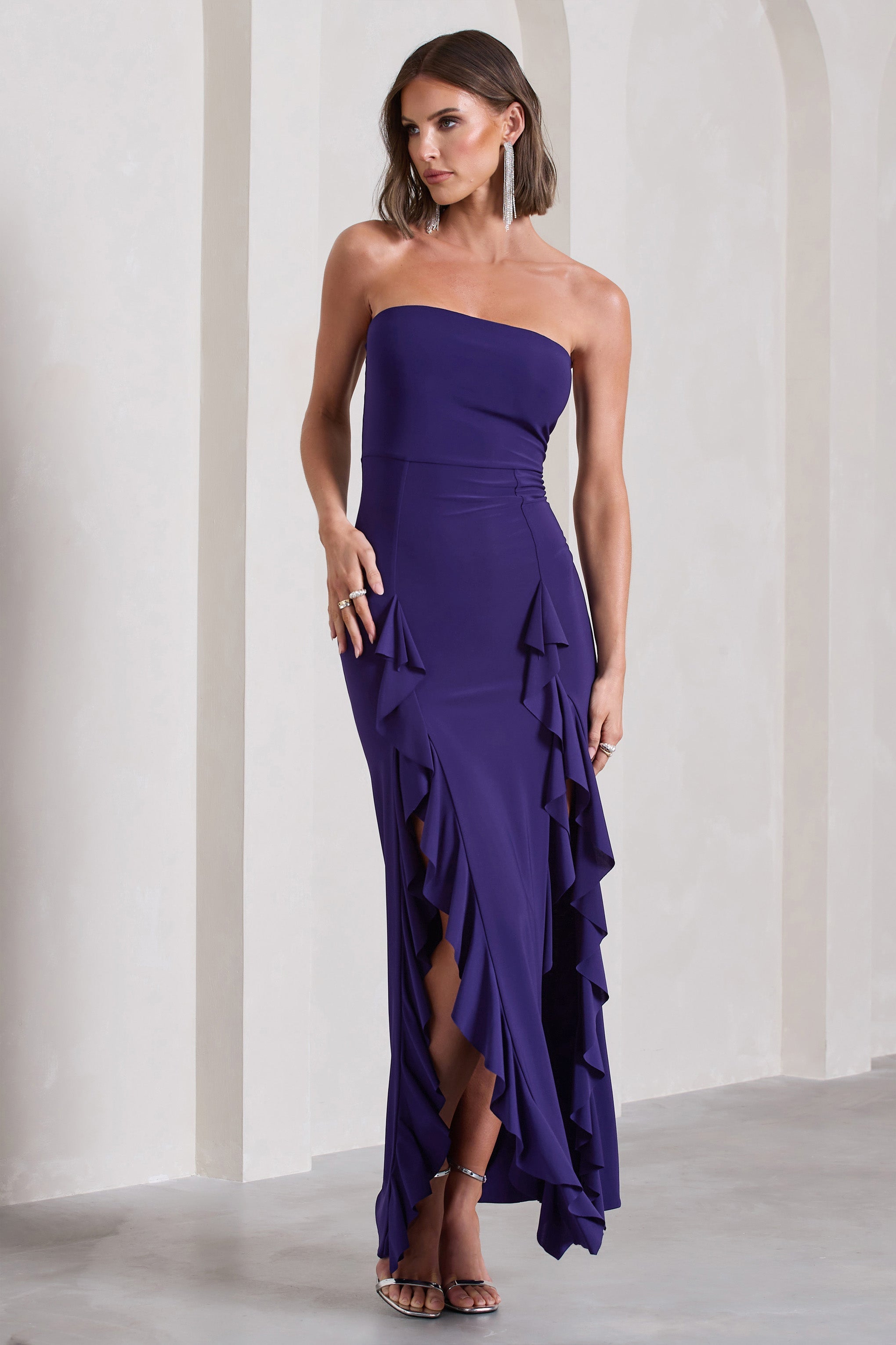 Susan Purple Bandeau Maxi Dress With Ruffled Splits