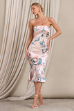 Sauvignon Pink Floral Satin Bandeau Midi Dress With Cowl Back