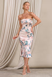 Sauvignon Pink Floral Satin Bandeau Midi Dress With Cowl Back