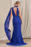 Whimsical Blue Chiffon Plunge Fishtail Maxi Dress With Scarf Design