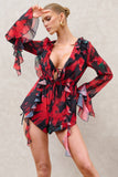 Sauvage Red & Black Floral Print Chiffon Ruffle Long Sleeve Playsuit