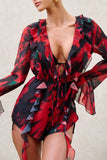 Sauvage Red & Black Floral Print Chiffon Ruffle Long Sleeve Playsuit