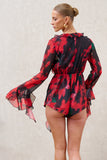 Sauvage Red & Black Floral Print Chiffon Ruffle Long Sleeve Playsuit