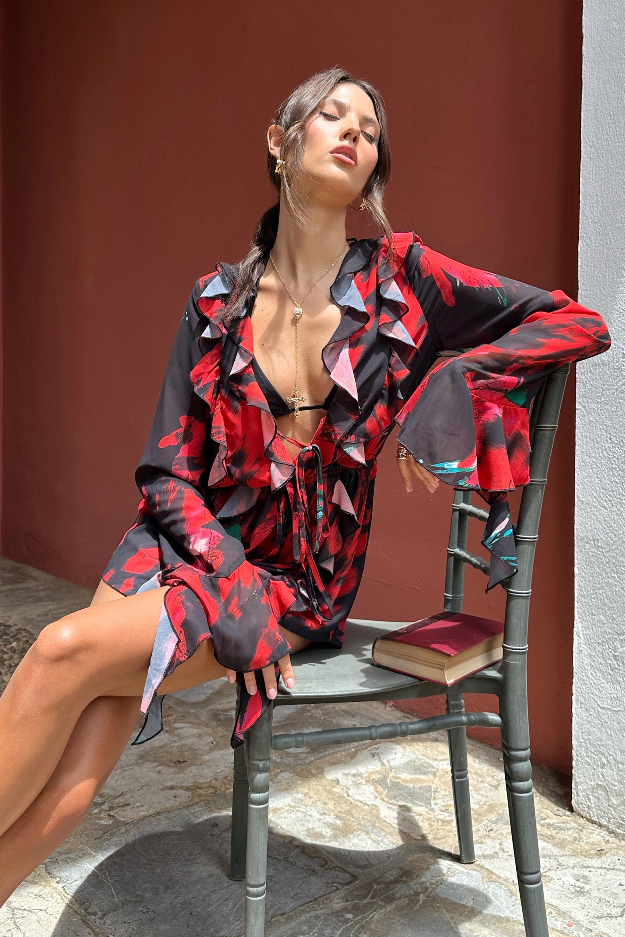 Sauvage Red & Black Floral Print Chiffon Ruffle Long Sleeve Playsuit