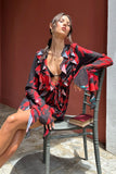 Sauvage Red & Black Floral Print Chiffon Ruffle Long Sleeve Playsuit