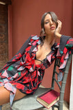 Sauvage Red & Black Floral Print Chiffon Ruffle Long Sleeve Playsuit