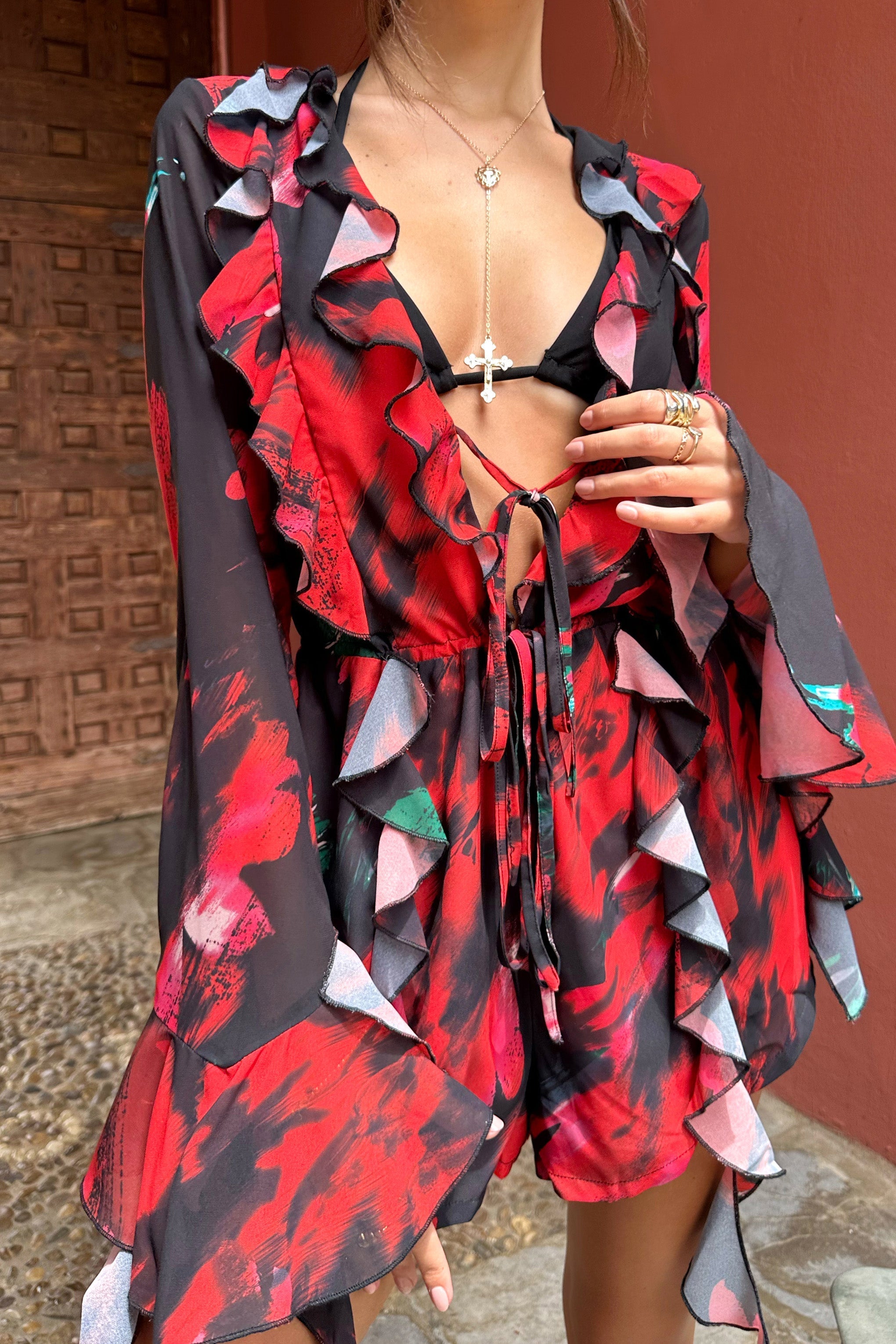 Sauvage Red & Black Floral Print Chiffon Ruffle Long Sleeve Playsuit