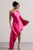 Hanna Hot Pink One Shoulder Asymmetric Draped Satin Mini Dress