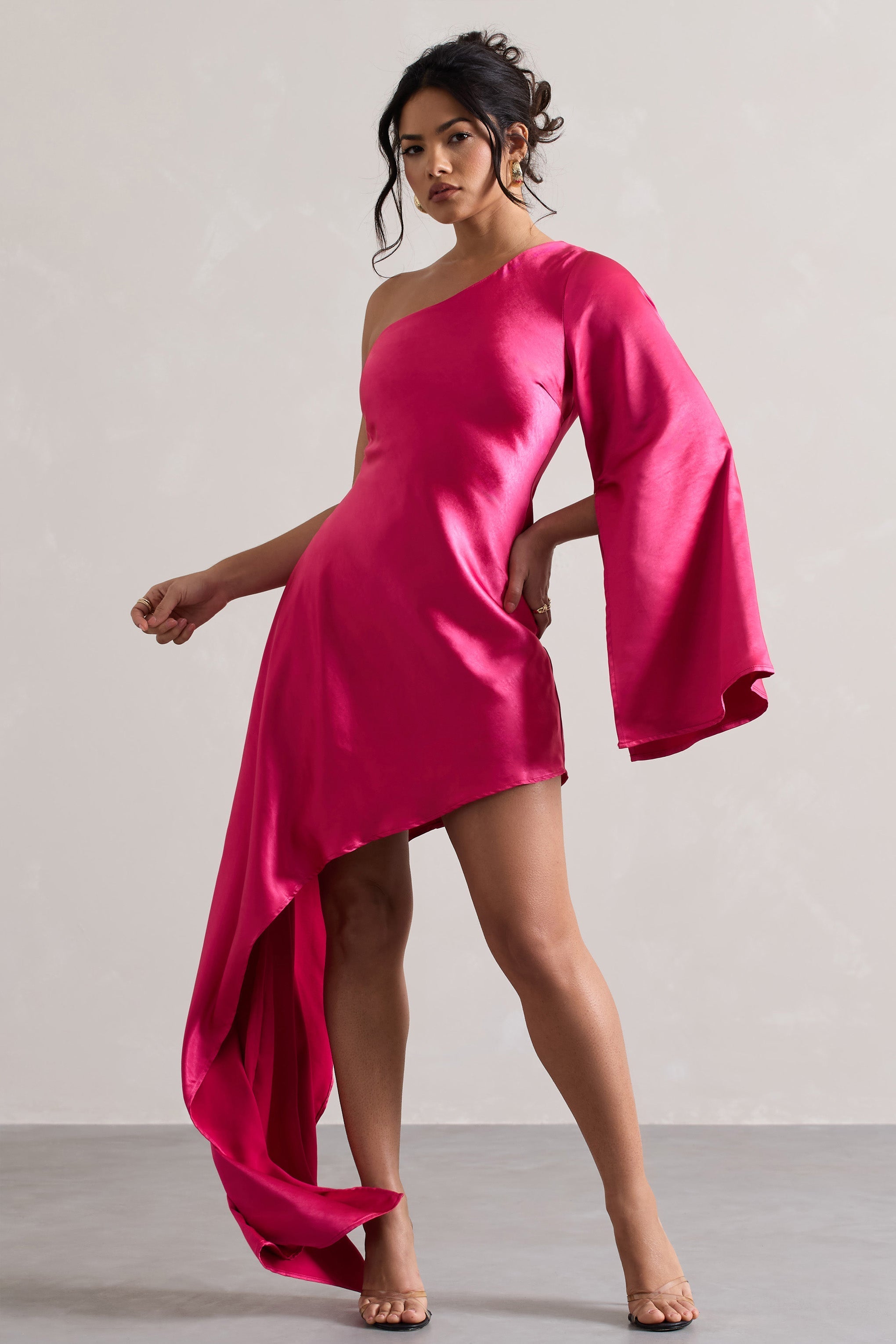 Hanna Hot Pink One Shoulder Asymmetric Draped Satin Mini Dress