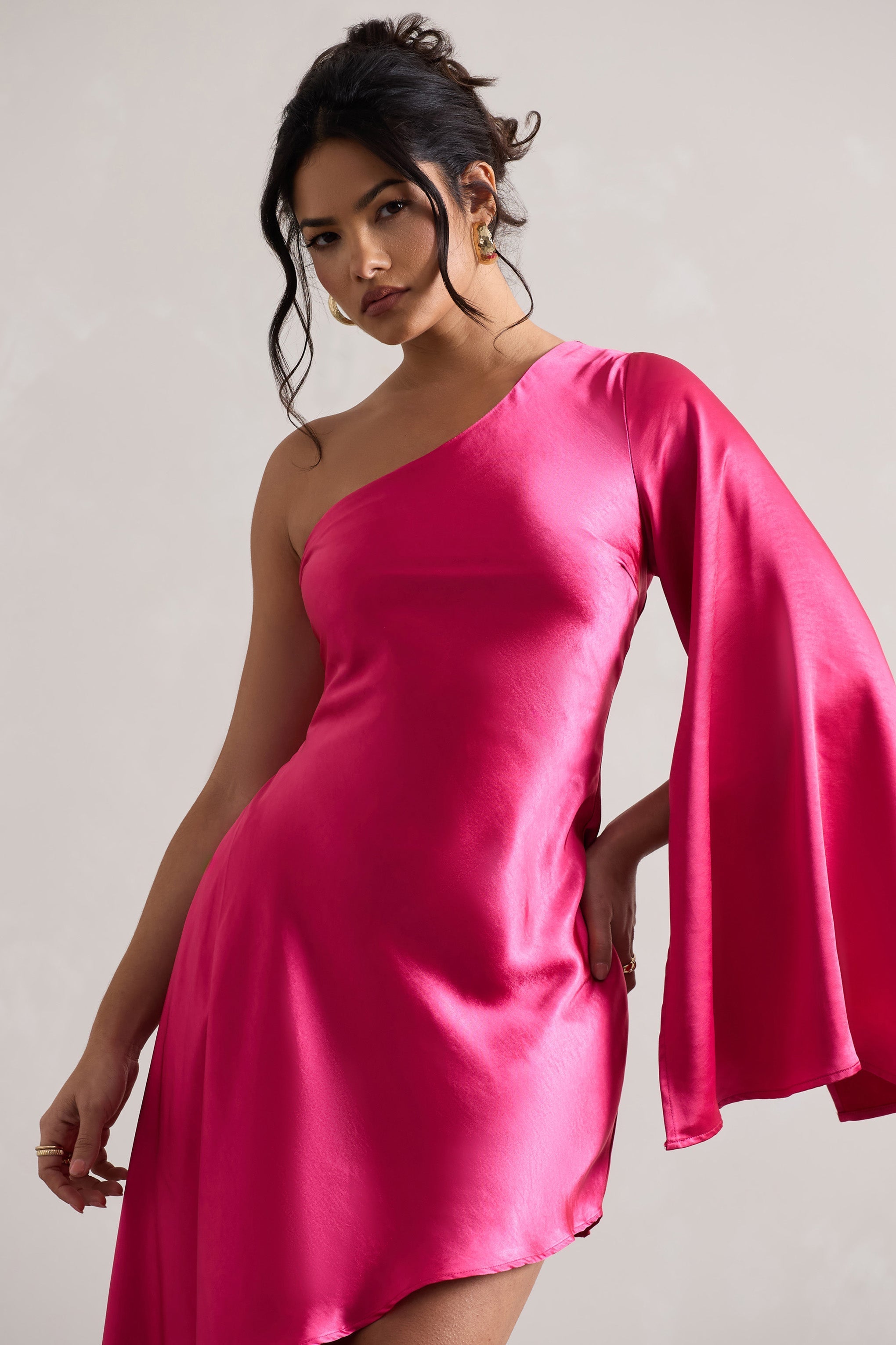 Hanna Hot Pink One Shoulder Asymmetric Draped Satin Mini Dress